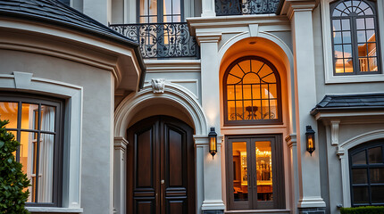 Fototapeta premium Magnificent Modern House Exterior at Night: Luxury Home Architecture, Elegant Facade, Grand Entrance, and Exquisite Design