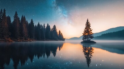 Fototapeta premium Serene mountain lake surrounded by pine forest at sunset with mesmerizing reflection in tranquil waters