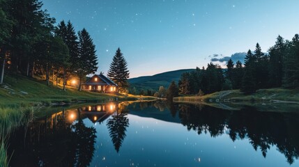 Fototapeta premium Serene Night Landscape with Cabin Reflected in Tranquil Lake Surrounded by Forested Mountains
