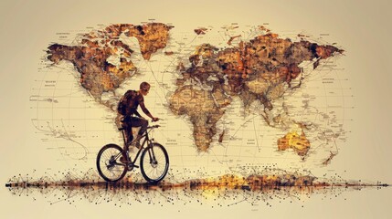 Continuous one line drawing a man riding a bicycle on a semicircular world map. A campaign. Protecting nature by not causing pollution.