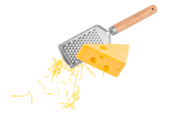 Piece of cheese is rubbed on a hand grater isolated on white