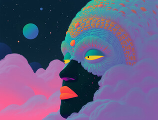 Surreal, vibrant illustration of a face with exaggerated features, including large, yellow eyes with black pupils, a pink mouth, and a large, intricate headdress. The background is a cosmic scene