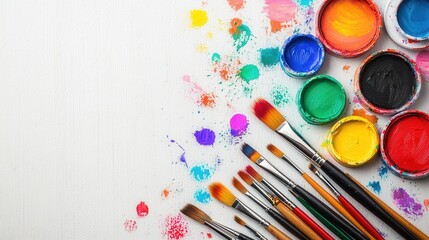 Colorful Palette with Brushes and Vibrant Acrylic Paints