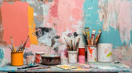 Colorful Paint Brushes and Art Supplies on Workspace Desk