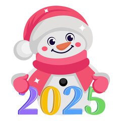 Snowman wearing santa hat and wishing Twenty Twenty Five concept, yeti with Festive scarf vector icon design, 2025 welcome sign, festive holiday season symbol, new year party decor stock illustration