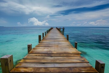 Obraz premium Long wooden pier extending into crystal clear turquoise water with a beautiful cloudy sky in the background