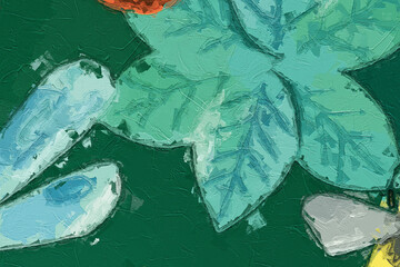 Various oil paintings, flowers, butterflies, dragonflies, bees, beautiful tropical leaves