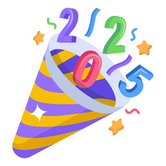 party popper colorful explosion of confetti Twenty Twenty Five concept exploding with vibrant color spark vector icon design 2025 welcome sign festive holiday season symbol new year stock illustration