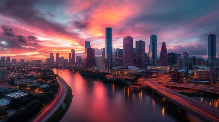 Obraz premium Dramatic Sunset Over Vibrant Cityscape Skyline of Skyscrapers and Bridges Reflecting in River