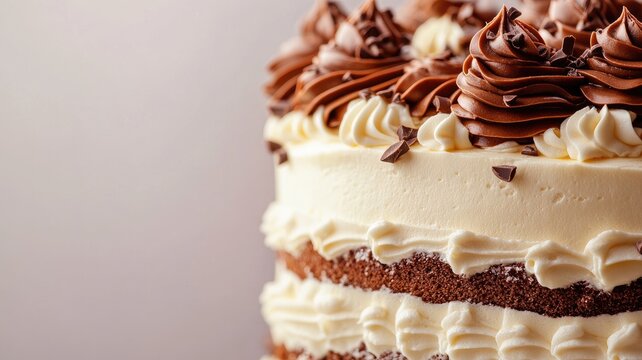 Delicious layered chocolate and vanilla cake decorated with frosting shavings