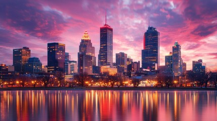 Fototapeta premium Breathtaking Skyline of a Vibrant Metropolis at Dramatic Sunset
