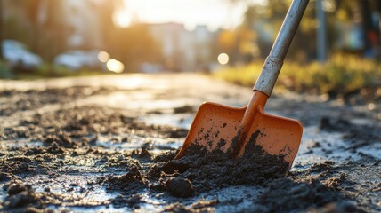 Shovel stuck in muddy ground with bokeh background
