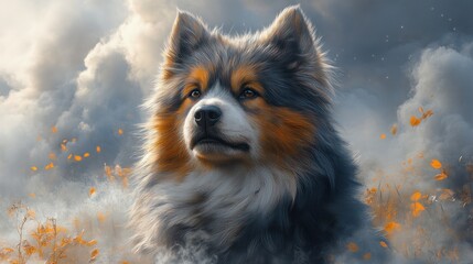 Obraz premium Majestic dog portrait, autumn field, dreamy clouds, digital art, pet poster