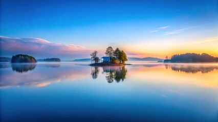 Fototapeta premium Serene Sunrise Over Calm Lake with Solitary Island Home and Misty Shores