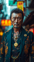 Obraz premium A Mature Japanese Gangster in Traditional Attire. Yakuza Portrait