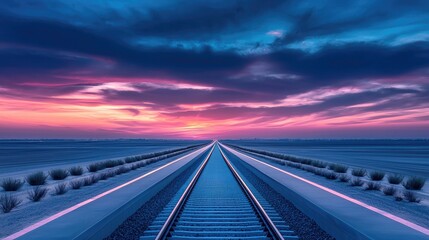 Fototapeta premium Straight railway tracks stretch toward the horizon under a dramatic pink and purple sunset sky in a desert landscape.
