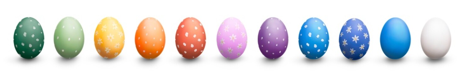 A rainbow collection of brightly painted traditional easter eggs, a traditional easter gift for this religious event, isolated against a transparent background