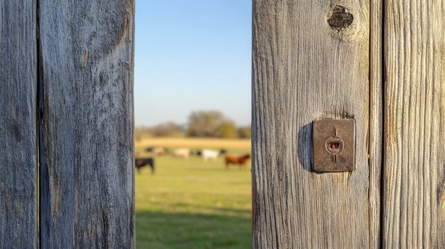 A close-up of a barn door with weathered wood, showing intricate details of the grain and texture. The background features a farm with grazing livestock under a clear blue sky.