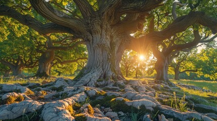 Set of large ancient trees with twisted branches and sprawling roots.