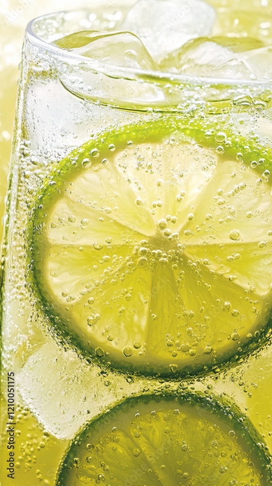 Poster refreshing close-up of a glass filled with fizzy drink and lime slices on a sunny day