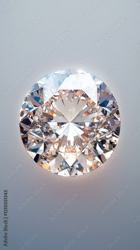 Poster close-up view of a sparkling round diamond showcasing brilliant clarity and intricate facets on a ne