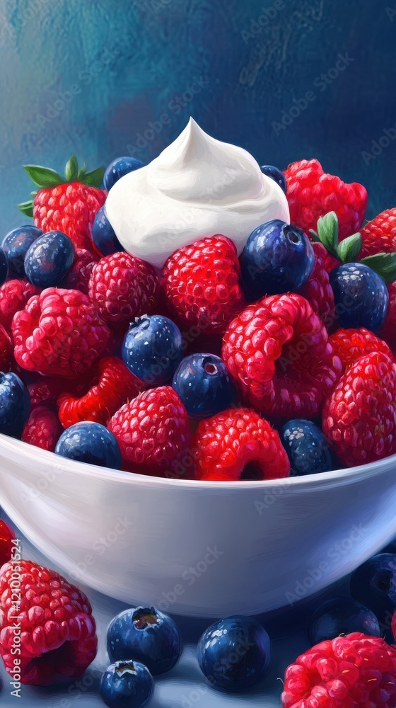 Poster close-up view of a vibrant bowl filled with fresh raspberries and blueberries topped with whipped cr