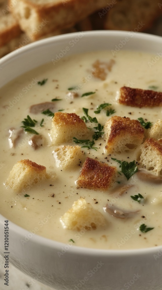 Poster creamy soup garnished with croutons in a rustic setting, inviting warmth and comfort