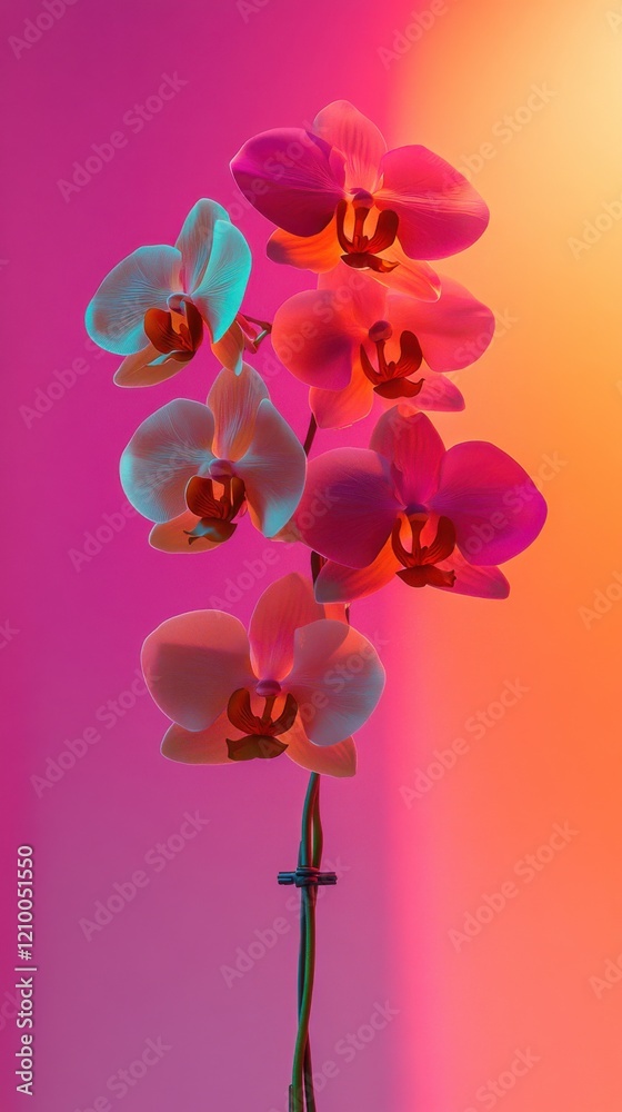 Poster close-up view of vibrant blooming orchids against a colorful backdrop during a bright daylight setti