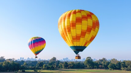 Obraz premium Hot air balloons soar over cityscape, adventure travel