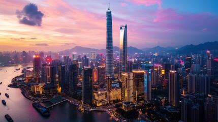 Naklejka premium Vibrant Cityscape of Illuminated Skyscrapers and Waterfront at Scenic Hong Kong Skyline During Sunset
