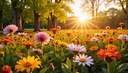 Obraz premium Vibrant wildflowers blooming in spring sunset, nature's beauty