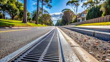 Naklejka premium Suburban Street Drainage System A Close-Up View of a Modern Roadside Gutter and its Integration with Landscaping