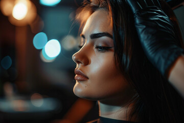 AI generated photo of beautiful woman getting hair styled at professional salon