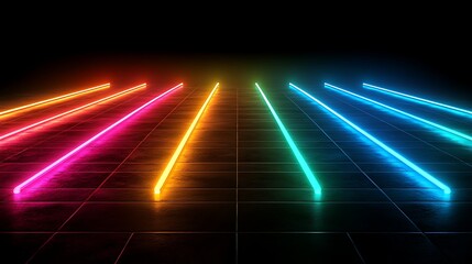Neon Rainbow: A mesmerizing array of vibrant, neon-lit lines converge at a vanishing point, casting a futuristic and colorful glow upon the checkered black surface.