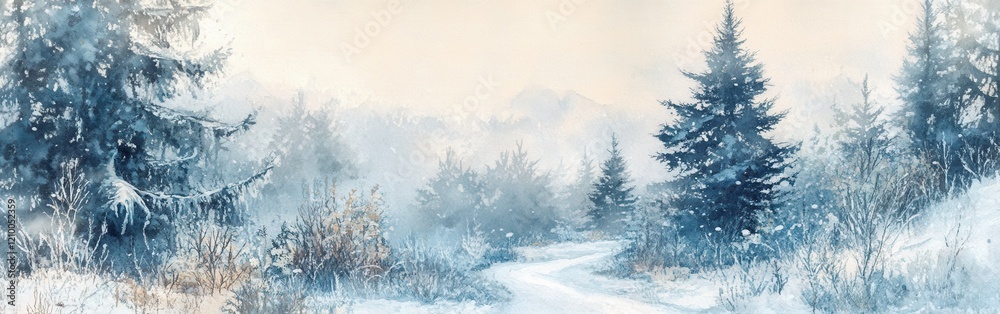 Poster tranquil winter landscape painted in watercolor with snow-covered trees and a winding path through a