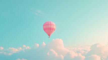Obraz premium Colorful hot air balloon floating in clear blue sky, bright and vivid colors, peaceful and serene, soft clouds in the background