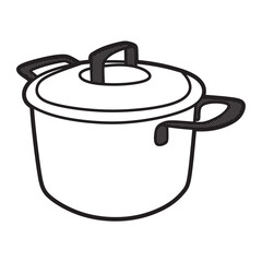 black and white vector image, full stainless steel pan facing diagonally to the right