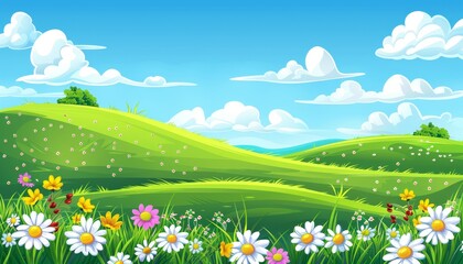 Obraz premium A vibrant green meadow with rolling hills and colorful wildflowers blooming in the foreground against a blue sky with white clouds.
