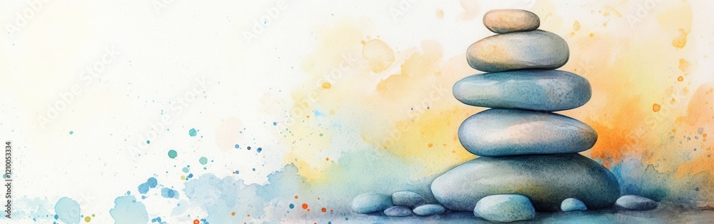 Aufkleber Close-up of a serene stack of stones on a watercolor background featuring soft hues and gentle splashes of color
