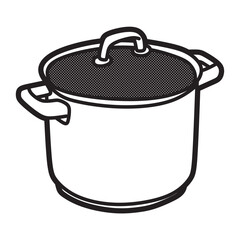 black and white vector image, tall pan made of stainless steel facing tilted to the left
