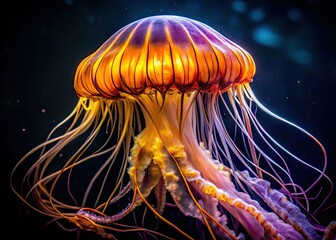 Bioluminescent Pacific Sea Nettle jellyfish, glowing in the deep sea's low light.