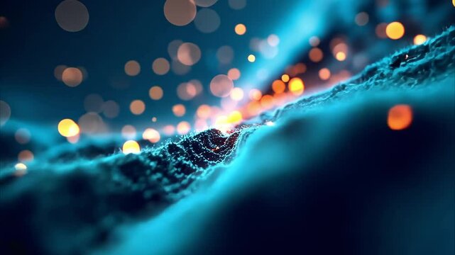 fpv View on Abstract digital wave with blue pink and gold color bokeh. Blue round shape on background. Futuristic dynamic and modern dot wave. Big data. 3D rendering. creative projects copy space.