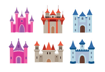 Obraz premium Medieval castle tower vector set, fairytail fortress castles, old medieval building architecture clip art image 