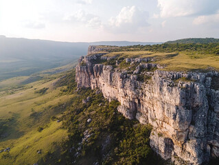 Aerial view of a highland plateau with cascading waterfalls surrounded by rugged cliffs and grassy...