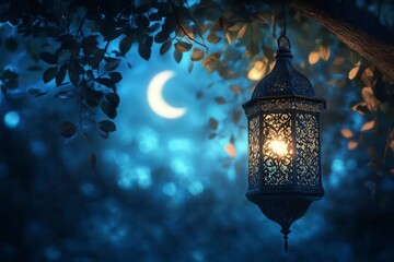 Hanging Lantern with Crescent Moon in Background
