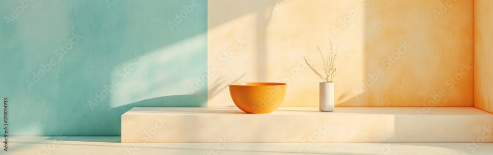 Poster Soft pastel amber and teal forms create a serene and inviting atmosphere in a minimalist interior setting
