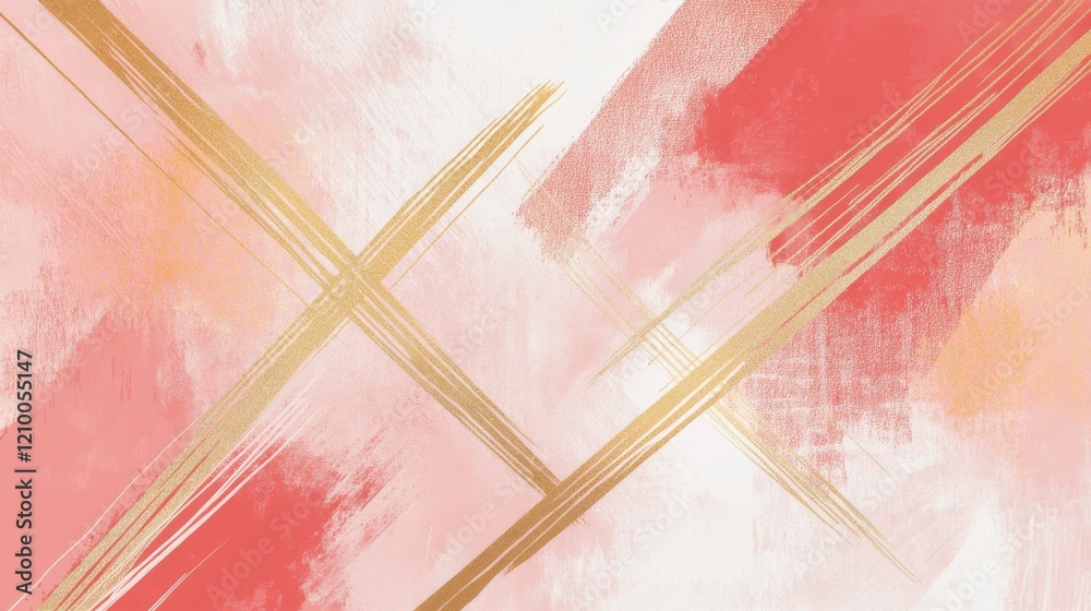 Poster soft muted coral pencil strokes create a gentle gradient with elegant gold accents in a tranquil art