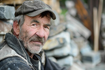 Obraz premium Generative AI Image of a Stonemason Working with Stone, Shaping and Carving Stone Surface