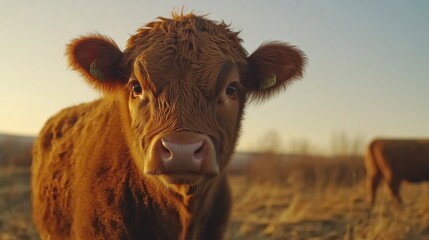 A close-up of a brown cow with a shiny coat standing in a pasture, looking directly into the camera, with soft sunlight illuminating the scene and creating a warm, rustic feel.