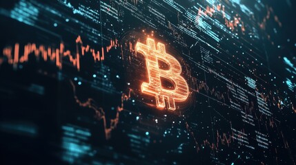 Futuristic Bitcoin symbol glowing amidst digital code and stock market graphs, on a tech background